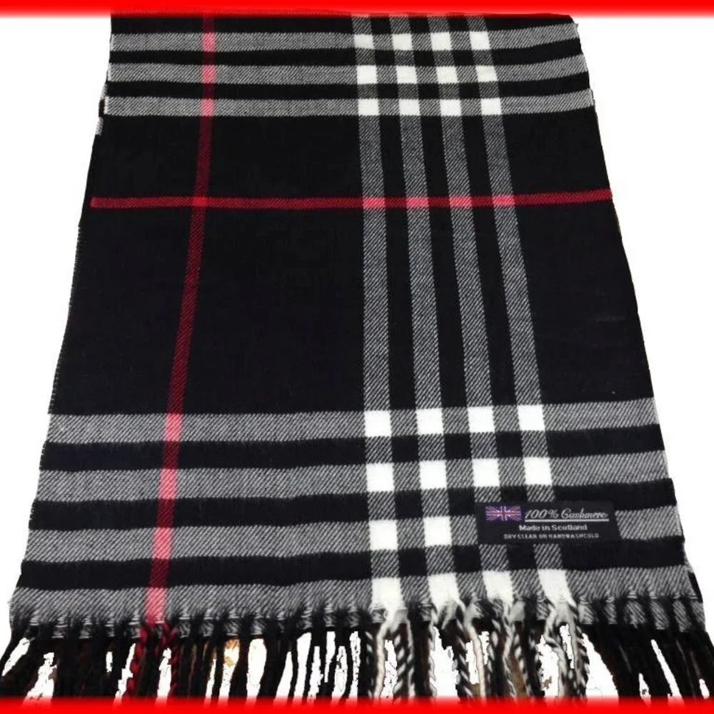 New Cashmere Scarf - Made in Scotland 100% Cashmere Black/Red/White Plaid